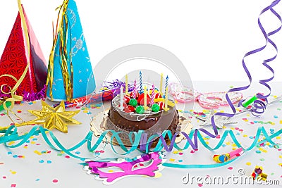 Children birthday party with chocolate cake Stock Photo