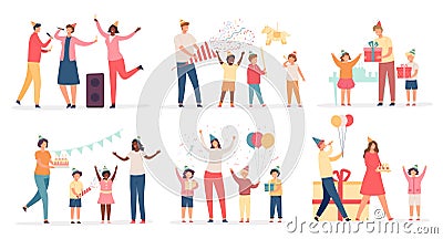 Children at birthday party. Happy kids with cake, gift, confetti and balloon. Family and friends celebrate holiday or Vector Illustration
