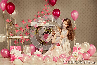 Children Birthday Party, Kid Girl Covering Eyes, Presents Balloons Stock Photo