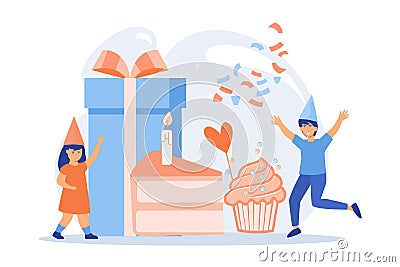 Children birthday party. People celebrating anniversary. Kids in festive birthday caps dancing and having fun. Decoration, Vector Illustration