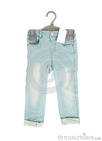 Children blue jeans with blank label. Stock Photo