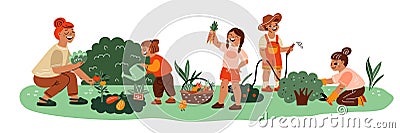 Children botany lesson. Happy kids with teacher. Garden care training. People harvesting and pruning bushes. Teens Vector Illustration