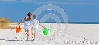 Children, Boy Girl Brother Sister Running Playing on Beach Stock Photo