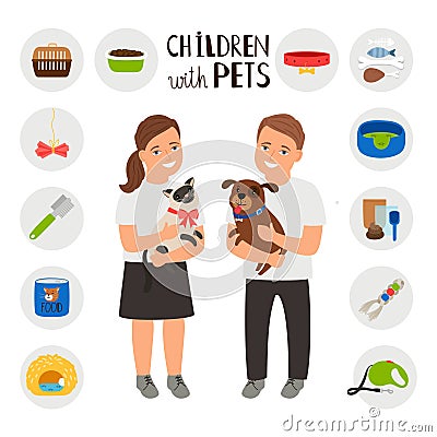 Children boy and girl with pets cat and dog Vector Illustration