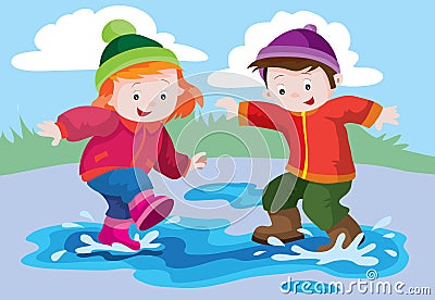 Children, boy and girl, play in the street in autumn and have fun jumping in a puddle of water, cartoon illustration, vector Vector Illustration