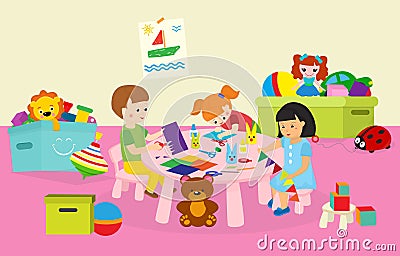 Children boy and girls crafting in kindergaten or art class vector illustration. Happy and creative kids crafting flags Vector Illustration