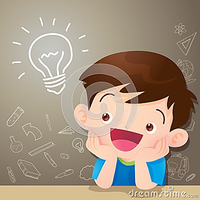 Children boy thinking idea and chalkboard. Vector Illustration