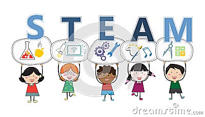 Children, boys, and girls. Child`s drawing style. Holding sign at the top. STEAM. Education Vector Illustration