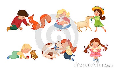 Children boys and girls petting and feeding animals vector illustration Vector Illustration
