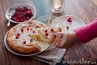 Children breakfast with Cheesecake with cranberries and sugar Stock Photo