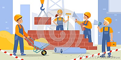 Children build house. Kids construction site, happy boys and girls in workers uniform and helmets, young builders Vector Illustration