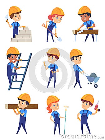 Children builders. Little working characters in yellow helmet for building professional construct vector cartoon Vector Illustration