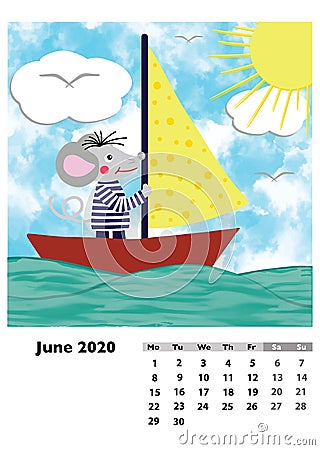 Children calendar 2020 for June, with main hero rat or mouse, a symbol of the new year. The week starts on Monday. Cartoon style Cartoon Illustration