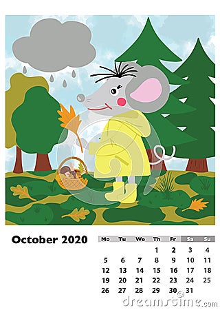 Children calendar 2020 for October, with main hero rat or mouse, a symbol of the new year. The week starts on Monday. Cartoon Cartoon Illustration