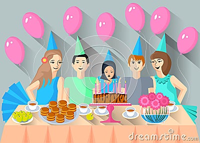 Children came to celebrate the birthday of their friend. Vector Illustration