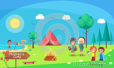 Children Camp Bonfire Nature and Kids Camping Vector Illustration