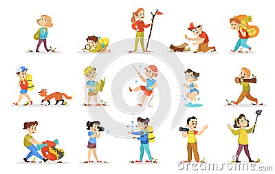 Children camping set. Collection of kids walking Vector Illustration