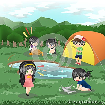 Children are camping in the wilderness (vector) Vector Illustration