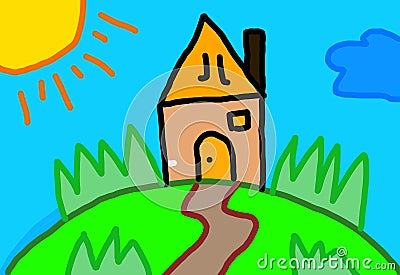 Simple illustration house with green field in the summer season Stock Photo