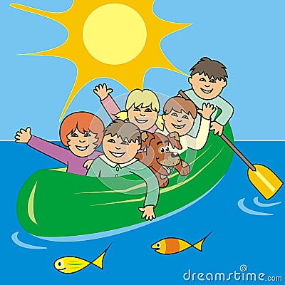 Children at canoe, fisehs at water, eps. Vector Illustration