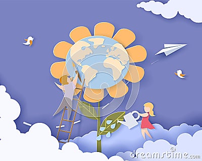 Children caring for the Earth flower Vector Illustration