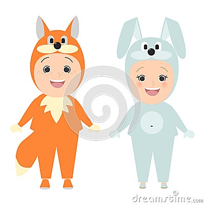 Children in carnival costumes of animals. Fox boy, girl bunny. V Stock Photo