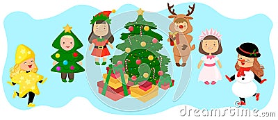 Children in carnival costumes celebrate Christmas near the Christmas tree with gifts Vector Illustration