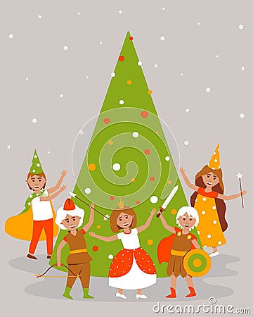 Children in carnival costumes dance around the Christmas tree Vector Illustration