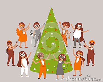 Children in carnival costumes and masks of forest animals dance around the Christmas tree Vector Illustration