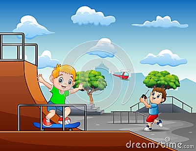 Children cartoon having fun on the skatepark Vector Illustration