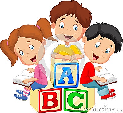 Children cartoon reading book and sitting on alphabet blocks Vector Illustration