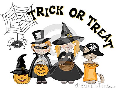 Children and cat dressing up in different Halloween costumes for party and nolding pumpkin baskets and bags Vector Illustration