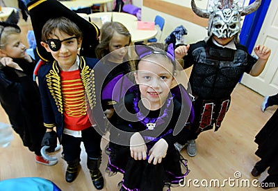 Children celebrate Halloween in Sofia, Bulgaria on Oct. 30, 2014 Editorial Stock Photo