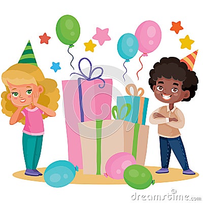 Children celebrate a happy holiday and they were presented with many large boxes with gifts, isolated object on a white Vector Illustration
