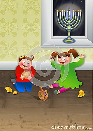 Children Celebrating Chanukah Cartoon Illustration