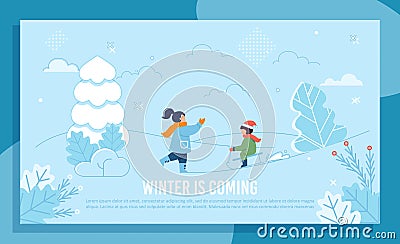 Children Having Fun on Winter Greeting Text Banner Vector Illustration