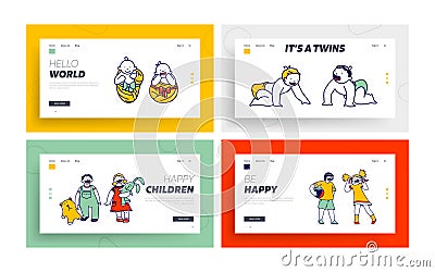 Children Characters Happily Smiling Landing Page Template Set. Baby Couple Little Newborn Babies, Toddlers, Preschoolers Vector Illustration