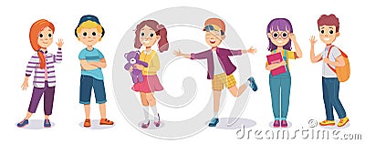 Children characters. Happy boy and cute girl standing, smile on face, kindergarten group, little smart classmates. Kids Vector Illustration