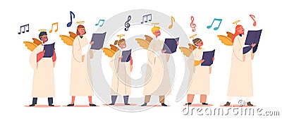 Children Characters Wear Angel Costumes Sing Harmoniously In A Choir. Girls And Boys Spreading Joy And Enchantment Vector Illustration