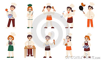 Children chefs cooking. Isolated kids in chef uniform bakes. Childish workshop on kitchen, cute little toddlers doing Vector Illustration