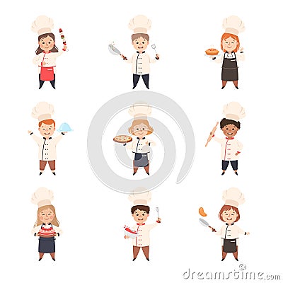 Children Chefs Cooking in Kitchen, Kids in Uniform and Hats Holding Platters with Freshly Prepared Dishes Cartoon Style Vector Illustration