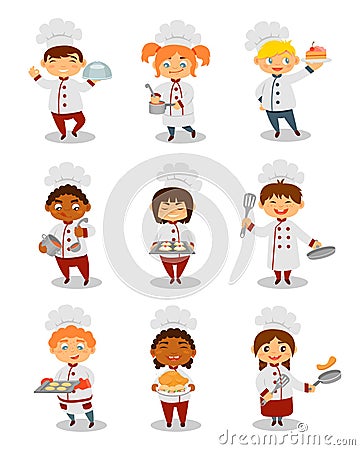 Children chefs cooking set, cute boys and girls characters preparing meal vector Illustrations on a white background Vector Illustration