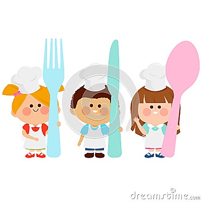 Children chefs holding a fork, a knife and a spoon. Vector illustration Vector Illustration