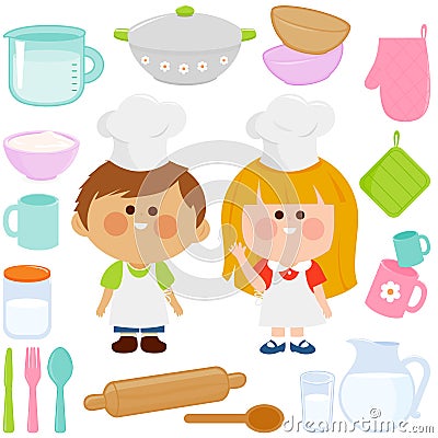 Children chefs with kitchen utensils. Vector illustration Vector Illustration