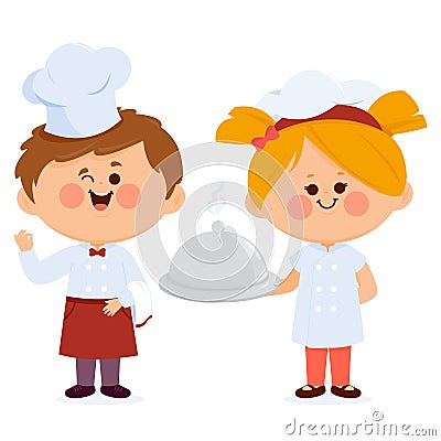 Children chefs serving food. Cooking children. Vector illustration Vector Illustration