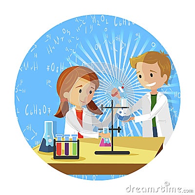 Children in Chemistry Class Making Experiments.n Vector Illustration