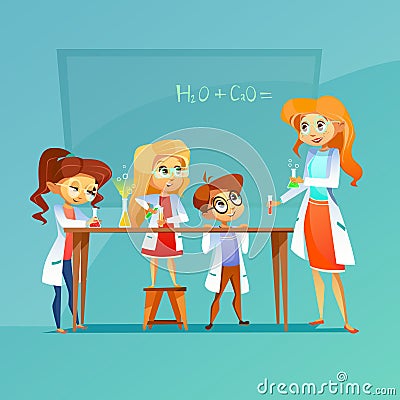 Children at chemistry class vector illustration of pupils and teacher with chemical formula on blackboard cartoon design Vector Illustration