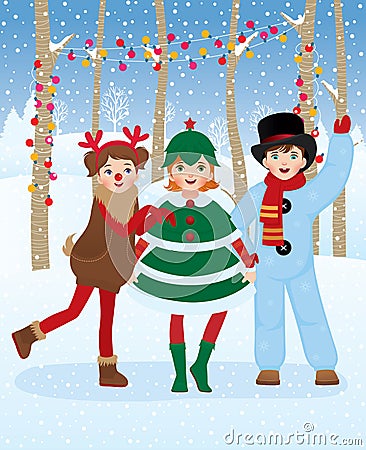 Children in Christmas carnival costumes Vector Illustration
