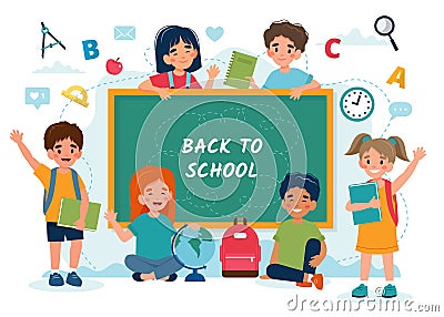 Children in class with a chalkboard, back to school concept, cute characters. Vector illustration in flat style Vector Illustration