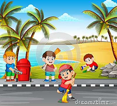 The children cleaning the road near the beach from the danger things to make it clean Vector Illustration